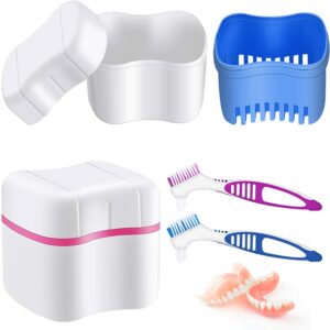 2 Denture Bath Cases Denture Cups with 2 Denture Cleaner Brushes Denture Boxes Dentures Container with Basket Denture Holder Brush Retainer Case for Travel Retainer Cleaning (Blue, Red, Purple)